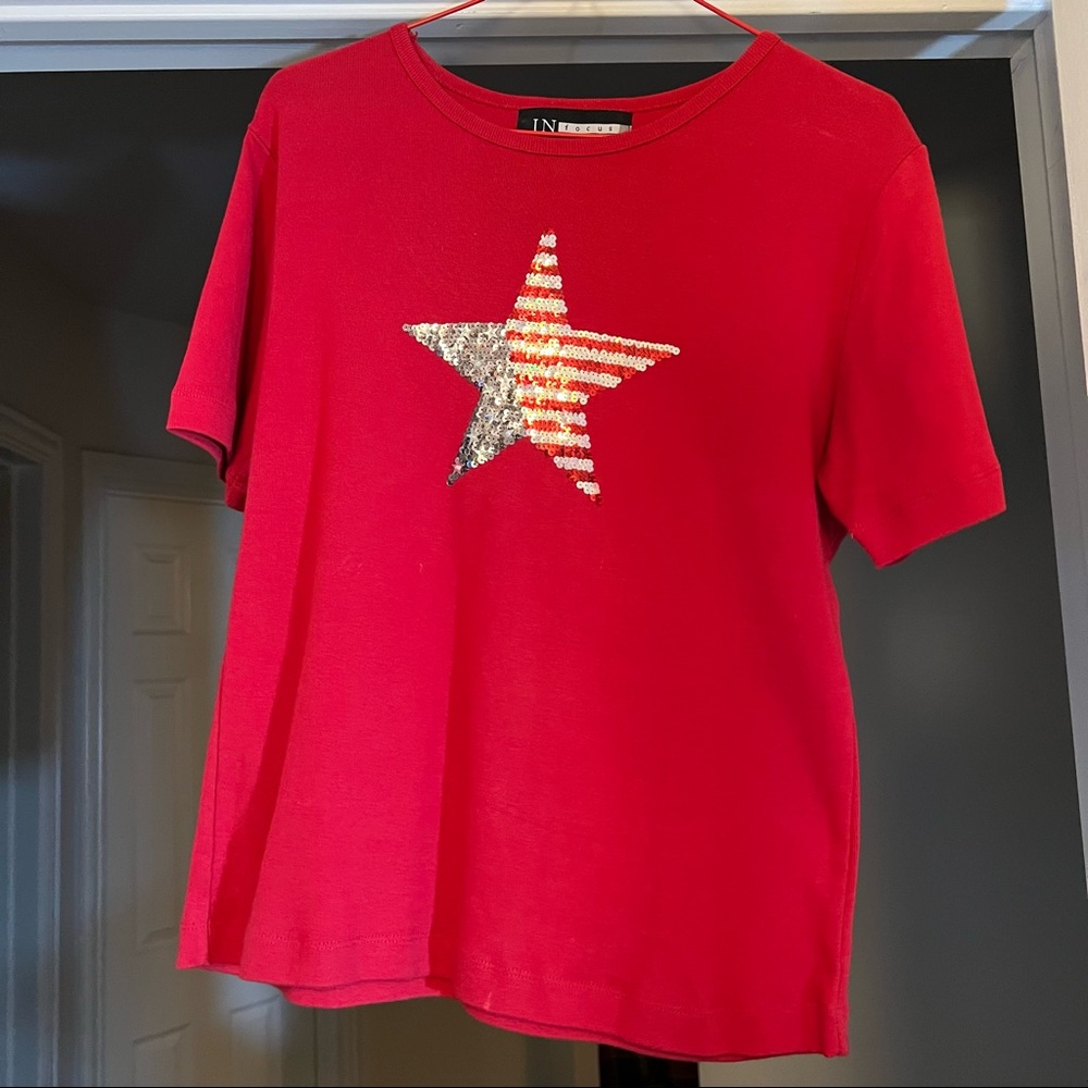 In Focus Red Short Sleeve Tee with Sequin Star